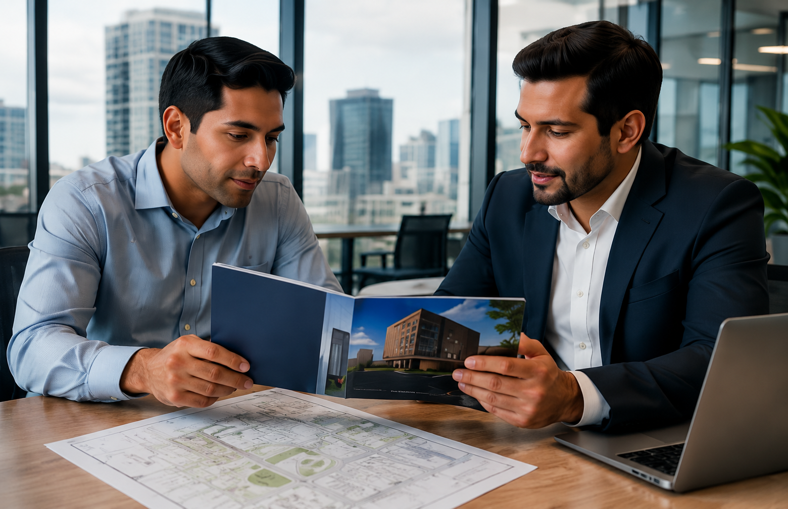 Propietario y asesor inmobiliario revisando la documentación de una propiedad comercial