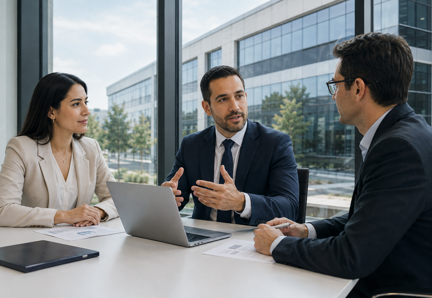 Especialistas inmobiliarios revisando planos y documentación de un proyecto