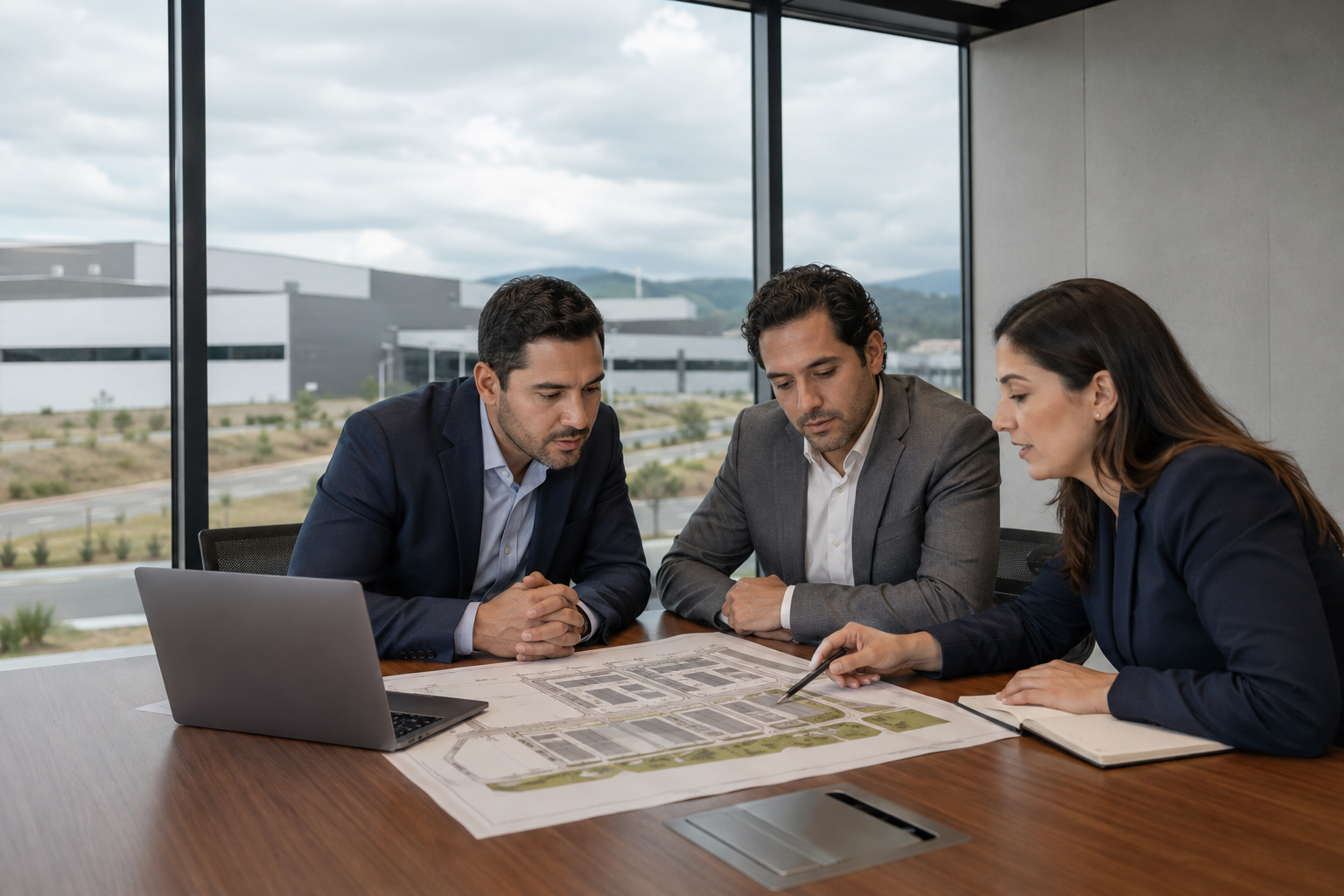 Inversionistas y asesora analizando una oportunidad inmobiliaria industrial